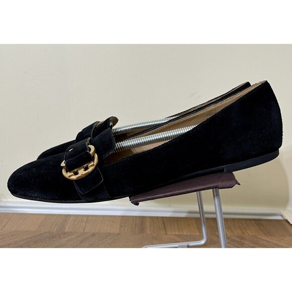 Tory Burch MARSDEN Black Suede Belted Gold Logo Flats Smoking Slipper Shoe 9M - Picture 2 of 9